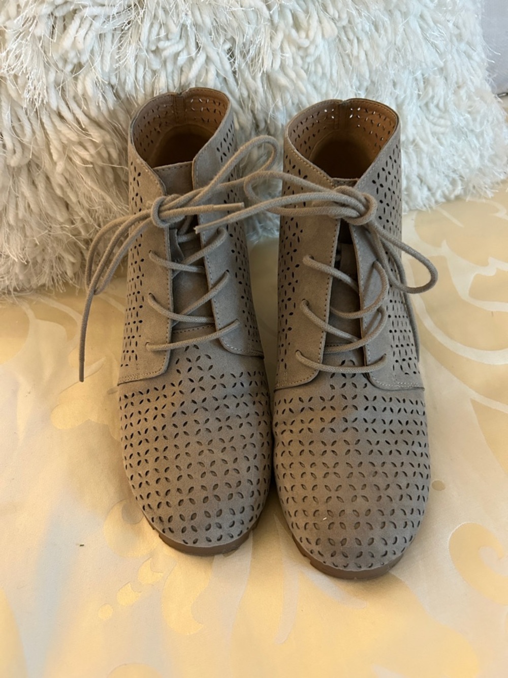 Massini Taupe Laser-Cut Lace-Up Heeled Ankle Boots